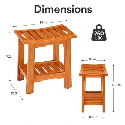 Simple Deluxe Teak Shower Bench, 14" Wood Shower Bench with Shelf, Waterproof Shower Stool for Inside Shower, Bath Chair for Bathroom, Tubs & Outdoor Use, 250LBS - size: 14"