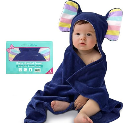 VOOVA & MOVAS Navy Baby Hooded Towel, Organic 100% Cotton,33"X31.5" - color: Navy Elephant, size: 33 x 31.5 inches
