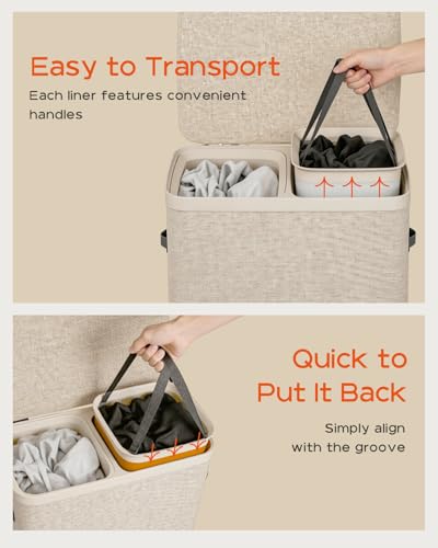 CASAMAYA Laundry Basket with Lid, Laundry Hamper 2 Section, 170L collapsible Laundry Organizer, Easy Assembly, with Handles and Removable Liners, 22 x 15.7 x 29.5 Inches, Beige JSP903M - color: Beige, size: 170L(2-Section)