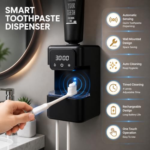 Wall-Mounted Automatic Toothpaste Dispenser, Toothbrush Cleaner with Sensor-Activated Design, Toothbrush Holder with Removable Slots & Smart Display, Toothpaste Dispenser for Kids & Adult (Black2.0) - color: Black2.0