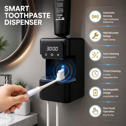 Wall-Mounted Automatic Toothpaste Dispenser, Toothbrush Cleaner with Sensor-Activated Design, Toothbrush Holder with Removable Slots & Smart Display, Toothpaste Dispenser for Kids & Adult (Black2.0) - color: Black2.0