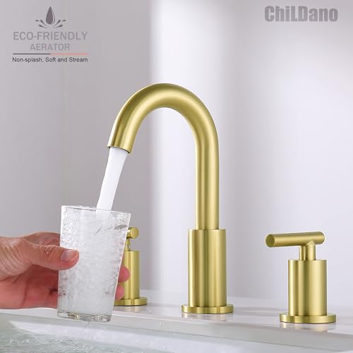 ChiLDano Brushed Gold Bathroom Faucet 3 Hole for Sink Widespread 2 Handles | Gold Vanity Faucet with Drain and Hose, Brushed Brass Gold Sink Faucet for Bathroom, 8 inch 3 Hole Faucets for Bathroom Sink - color: Brushed Gold