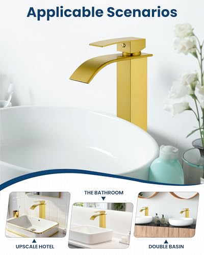 Airuida Vessel Sink Faucet, Brushed Gold Tall Waterfall Bathroom Faucet | Single Handle,Tall Bathroom Faucet 1 Hole,Vanity Faucet,without Drain,Bowl Bathroom Faucet - color: Brushed Gold
