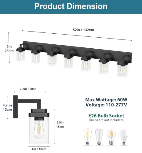Matte Black Bathroom Light Fixtures, Modern Vanity Lights with Clear Glass Lamp Shade, Bathroom Lighting Fixtures Over Mirror, Restroom Vanity Lighting Fixture, 7-Light 52 Inch - color: Blakc, size: 7-Light