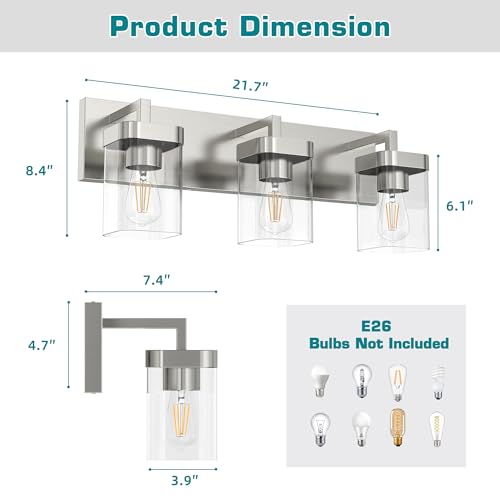 3-Light Bathroom Light Fixtures, Brushed Nickel Vanity Lights for Bathroom, Kitchen, Living Room, Modern Bathroom Vanity Lights with Clear Glass Shades - color: Brushed Nickel, size: 3 Light