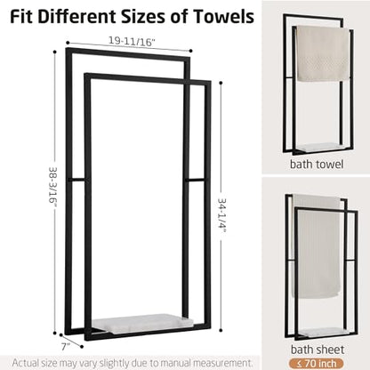 KES Standing Towel Rack, Heavy Marble Base, 2-Tier Floor Stand, Matte Black | 7.39 Lb Marble Base, Prevents Tipping, 34.3" & 38.2" H Fit Bath Sheets, Shelf Storage for Towels and Toiletries