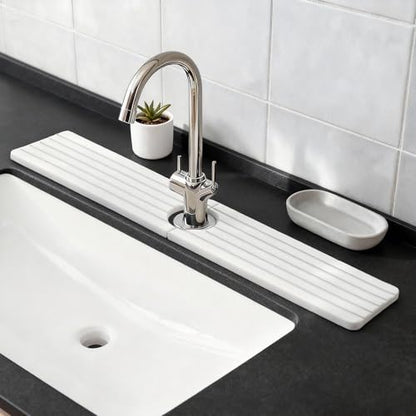 Diatomite Stone Faucet Mat for Kitchen Sink, 23.6 Inch Fast Drying Splash Guard, Super Absorbent Sink Tray Caddy for Dish Soap & Sponge, Bathroom Counter Protector & Organizer, White