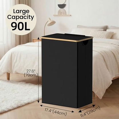 efluky Slim Laundry Basket with Lid, Narrow Laundry Hamper with Removable Bag, Skinny Dirty Clothes Basket with Bamboo Handles for Bathroom, Bedroom & Laundry Room, 90L Black - color: Black, size: 90L