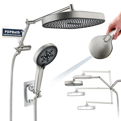 PDPBath 14 Inch Rain Shower Head with 5+1 Settings Handheld Spray Combo, High Pressure Rainfall Shower Head with 16'' Adjustable Extension Arm, 79" Extra Long Hose, 3-Way Diverter, Brushed Nickel - color: Brushed Nickel