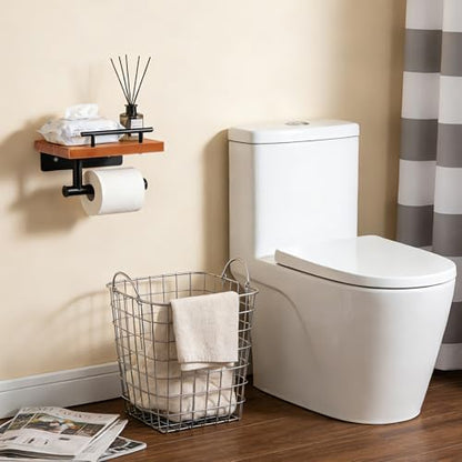 Toilet Paper Holder with Wood Shelf, Wall Mount Toilet Paper Roll Holder with Wooden Shelf and Matte Black Stainless Steel Pipe, Tissue Roll Holder for Bathroom Washroom (Light Brown, 7.9'' x 5.9'') - color: Light Brown, size: 7.9'' x 5.9''