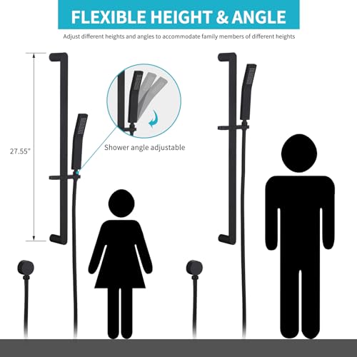 Shower Slide Bar Handheld Shower Head with Hose, Bathroom Showerhead with Handle Spray, High Pressure Shower Slide Bar Height Adjustable with 59.06 Inch Stainless Steel Hose Matte Black - color: Matte Black-Square