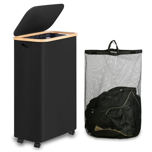Laundry Hamper with Wheels,75L Laundry Basket with lid Rolling Clothes Basket Foldable Dirty Clothes Hamper on wheels with Bamboo Frame and Bag for Bedroom, Dorm, Laundry Room,Black(20 Gal) - color: Black, size: 75L