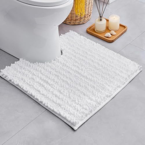White Toilet Rugs U Shaped Washable, 24x24 Contour Bath Rugs for Toilet, Luxury Ultra Soft Chenille U-Shaped Toilet Rug, Non Slip Absorbent Machine Washable Bathroom Mat for Toile - color: White, size: 24" X 24"(Toilet Rug)