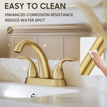 Brushed Gold 4 Inch Centerset 2 or 3 Holes 2 Handle Bathroom Faucet, Bathroom Faucet with Copper Pop Up Drain and Water Supply Lines, BF008-5-BG - color: Brushed Gold, style: 1 Pack