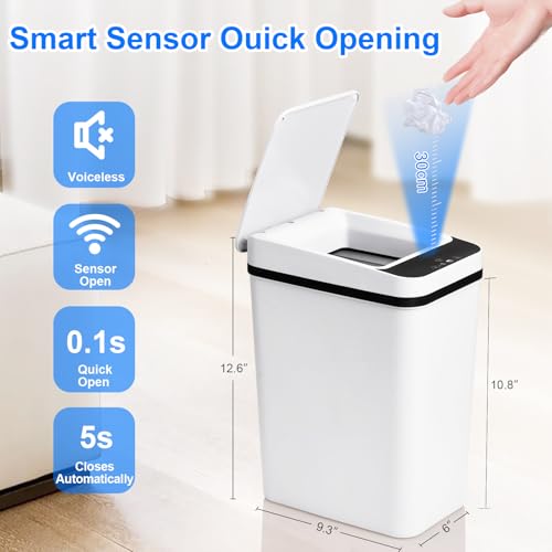 Anborry Bathroom Smart Touchless Trash Can 2.2 Gallon Automatic Motion Sensor Rubbish Can with Lid Electric Narrow Small Garbage Bin for Kitchen, Office, Living Room, Toilet, Bedroom, RV - color: 2.2 Gallon White
