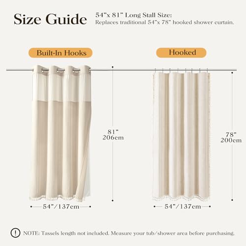 54x81 Ringless Boho Stripe Tassel Shower Curtain with Snap Liner Cream | Narrow Long Size, Heavy Duty Linen Blend, 3 in 1 Shower Curtain Set, Farmhouse Style, Waterproof & Washable, Mesh Top Window - color: A - Cream, size: 54"W x 81"L (Pack of 1)