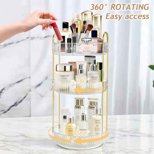 Rotating Makeup Organizer for Vanity, 9" D x 19" H, 3-Tier (White) | 360° Spinning, High-Capacity, Clear Trays, Gold Frame, for Vanity Countertop, Bathroom, Skincare, Perfume - color: New-white
