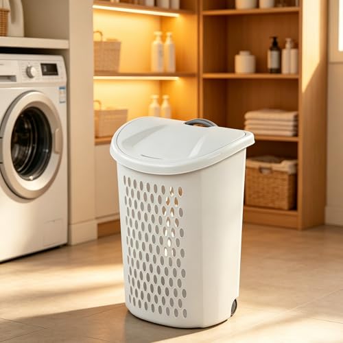 Laundry Basket with Wheels, Lid, and Handles for Easy Rolling, Dirty Clothes Organizer, White, 1 Pack