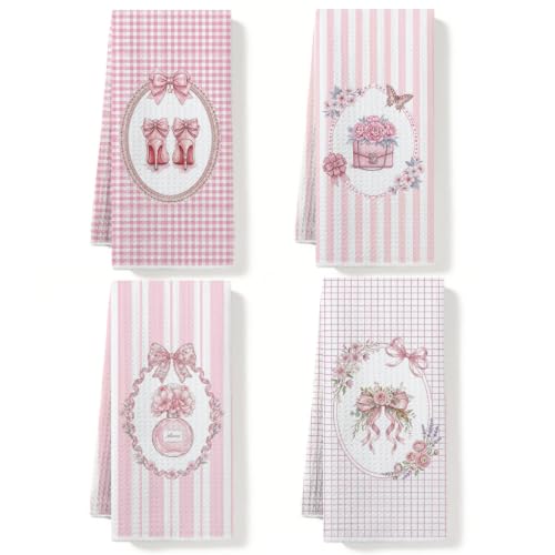 Pink Bows Kitchen Towels Set of 4 Trendy Pink High Heel Flower Kitchen Decor Preppy Tea Towels Waffle Absorbent Dish Towel Decorative Hand Towel for Bathroom Housewarming Gifts, 14x24 Inches - color: Multi0191