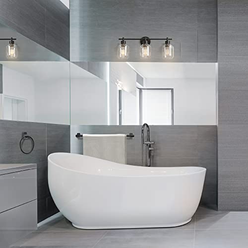 Globe Electric 65556 All-in-One 5-Piece Bathroom Set, Matte Black Finish, 3-Light Vanity with Clear Glass Shades, Towel Ring, Toilet Paper Holder, Robe Hook, and Towel Bar, Modern Bathroom Lighting - color: Matte Black, Clear Glass, 3-Light