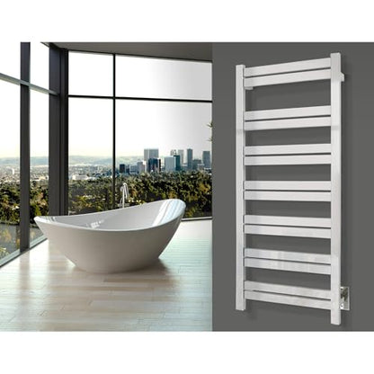 WarmlyYours Milan Heated Towel Rack, 14 Bars, Polished Steel | Wall-mounted hardwired electric towel warmer for spa-like comfort and luxury bathroom upgrade, dries multiple towels