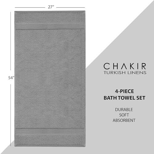 Chakir Turkish Linens 4 Piece Bath Towel Set, 100% Cotton Luxury Turkish Towels for Bathroom, Soft Absorbent Bath Towels, 27 x 54 Inches, Gray - color: Gray