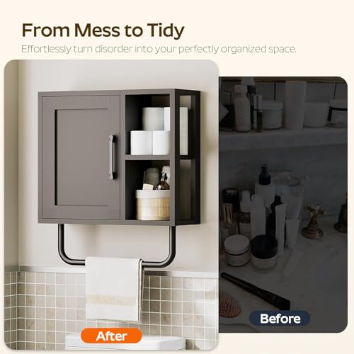Medicine Cabinet, Bathroom Wall Cabinet with Towel Bar, Adjustable Shelf and Open Partition, Over The Toilet Storage Cabinet, for Bathroom, Laundry Room, Living Room, Kitchen, Black - color: Black