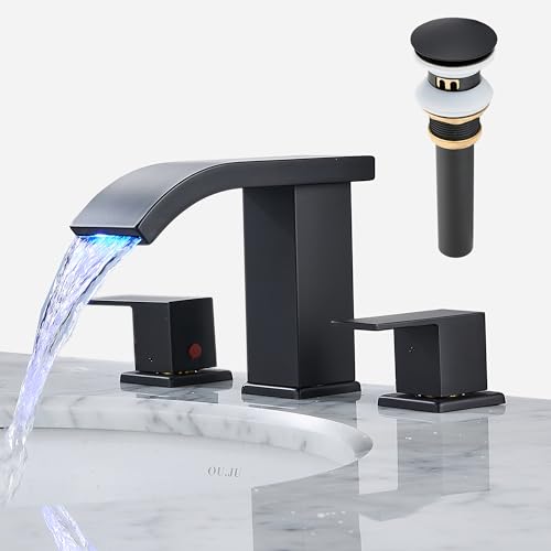 Bathroom faucets 3 Hole Widespread Modern Bathroom Sink Faucet 8 inch Matte Black Bathroom 3 Hole LED Light Waterfall Vanity Faucet Sink with Pop Up Drain (Matte Black) - color: Matte Black