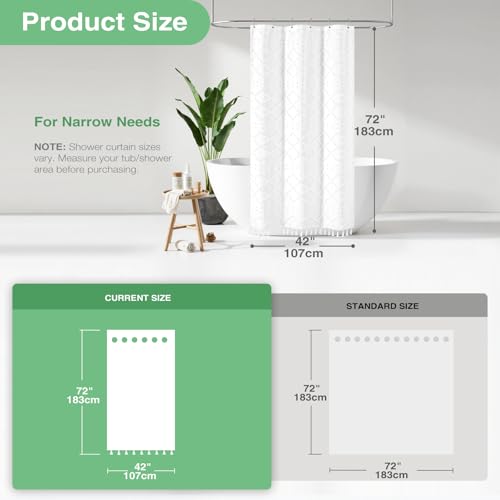 Stall Shower Curtain and Liner Set - 42 inch Wide Boho Shower Curtain and Waterproof Clear Liner, Tufted Geometric Striped Textured Tassel Shower Curtains for Bathroom, 7 Hooks, 42x72, White - color: White, size: 42"W x 72"L (Pack of 1)