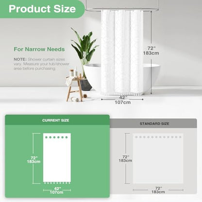 Stall Shower Curtain and Liner Set - 42 inch Wide Boho Shower Curtain and Waterproof Clear Liner, Tufted Geometric Striped Textured Tassel Shower Curtains for Bathroom, 7 Hooks, 42x72, White - color: White, size: 42"W x 72"L (Pack of 1)