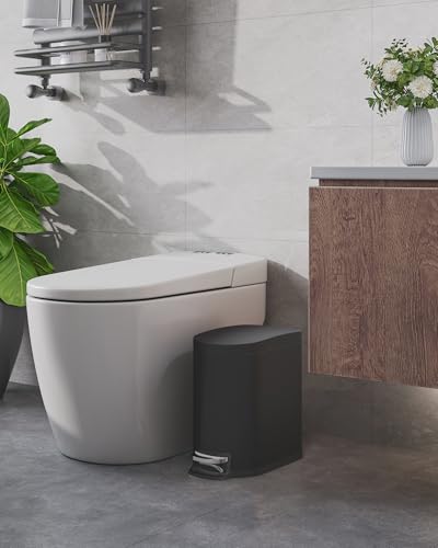 GarveeHome 1.6 Gal Step-On Trash Can, Stainless Steel Small Bathroom Garbage Bin with Soft Close Lid, Slim Space-Saving Design, Removable Inner Bucket for Bathroom, Bedroom, Office, Black - color: Black, size: 1.6 Gallon