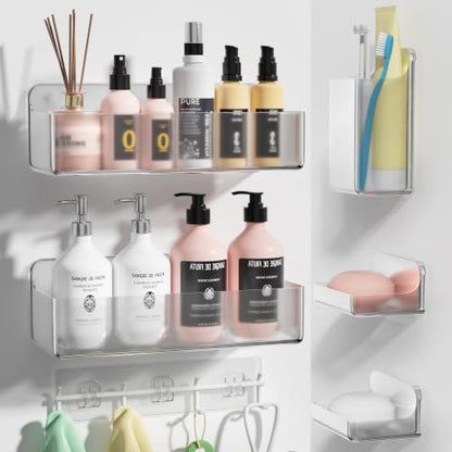 Adhesive Shower Caddy Shower Shelves Bathroom Organizer and Storage | 6 Pack，Rustproof，No Drilling，with Soap Holder，Clear，Acrylic， Large Capacity，Removable and Reusable，Plastics，Wall-Mounted - color: clear