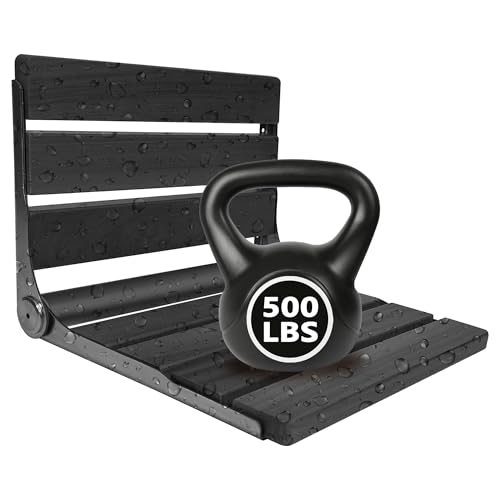 Folding Shower Seat Teak, Bathla Safety Furniture Stainless Steel, Shower Seats for Elderly, Fold Down Shower Seat, Black Wood - color: Black and Black Stainless Steel