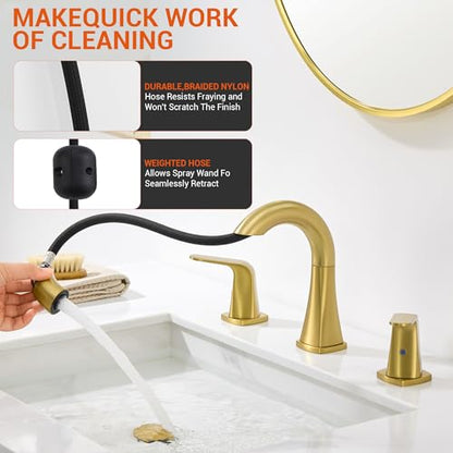 Gold Bathroom Faucet with Sprayer - Brushed Gold Faucets for Sink 3 Holes, Bathroom Pull Down Faucet, 2 Handles 8 Inch Widespread Vanity Faucet with Pull Out Sprayer & Pop-up Drain - color: Brushed Gold