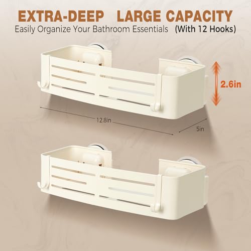 Lekesky Suction Cup Shower Caddy, No Drill Shower Shelf, Aluminum Rust Proof Bathroom Shower Organizer with 12 Hooks, （2-Pack, Cream） - color: Cream