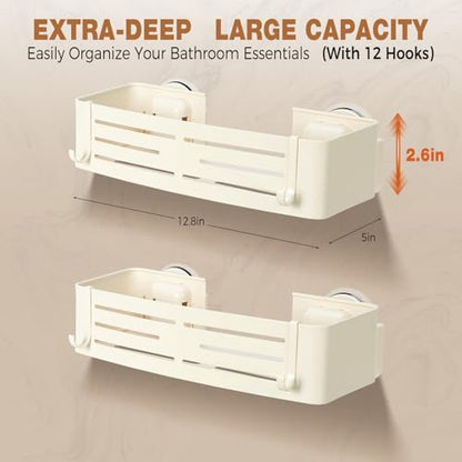 Lekesky Suction Cup Shower Caddy, No Drill Shower Shelf, Aluminum Rust Proof Bathroom Shower Organizer with 12 Hooks, （2-Pack, Cream） - color: Cream