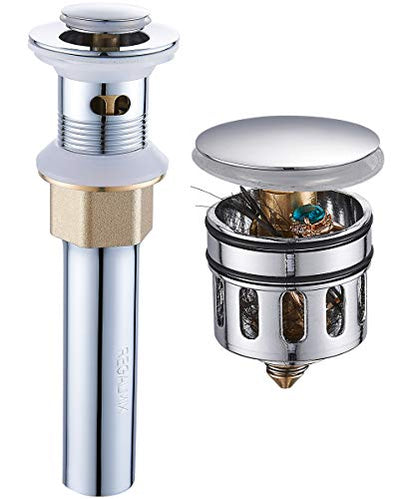REGALMIX Pop Up Drain Stopper, Built-in Anti-Clogging Strainer, Polished Chrome, Fits Standard American Drain Hole (1-1/2" to 1-3/4") - color: Chrome, size: With Overflow
