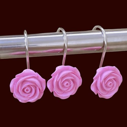 Twofish Home Pink Rose Flower Shower Curtain Hooks Anti Rust Shower Curtain Hooks Decorative Resin Pink Rose Flower Shower Curtain Rings Set of 12 - color: Pink Rose