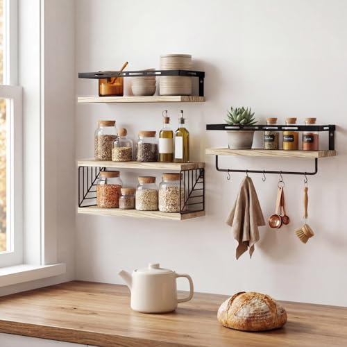Fixwal Wall Mounted Bathroom Shelves Over Toilet (3+1 Light Brown) | Wall Shelf with Basket Storage , Towel Bar, Solid Wood, 22Lb Capacity, Easy DIY Install - color: 1-rustic Brown