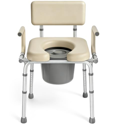 HOMLAND Drop Arm Bedside Commode Toilet with Padded Seat & Backrest, 300LB | Adjustable Height, Easy Side Transfer, Portable Toilet for Seniors and Adults, 6.3QT Bucket, Tool-free Assembly Potty Chair