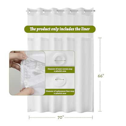 N&Y HOME Fabric Snap in Shower Curtain Liner Replacement White, 70x66 | for 71"x84" Extra Long Hotel Style Shower Curtain, With Magnets, Removable & Detachable, Washable, Water Repellent - color: White, size: 70"W x 66"L (Pack of 1)