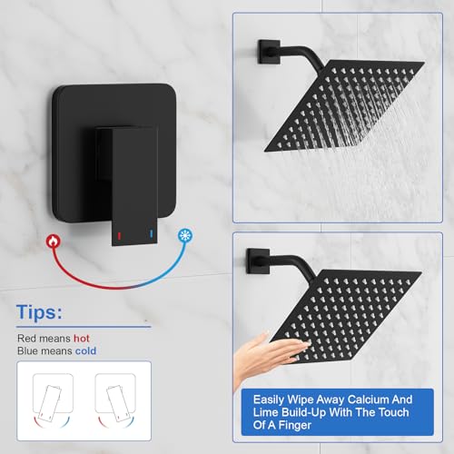 RUMOSE Shower Faucet Set Matte Black Rain Shower Head and Handle Set for Tub 8 Inch Rainfall Shower System with Filter for Hard Water Single Function Trim Kit with Rough-in Valve Stainless Steel