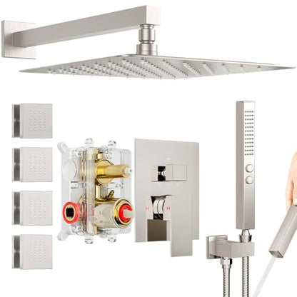 Shower Faucets Sets Shower System with Body Jets, Bostingner 10" Rain Shower Head with 2 In 1 Handheld Spray and 4 Jets, Wall Mounted All Metal 3 Way Shower Set with Valve and Trim Kit,Brushed Nickel - color: Brushed Nickel, size: 10 Inch