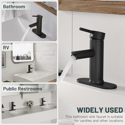 Bathroom Faucet for 1 or 3 Holes, Matte Black, Brass | Single Handle Bathroom Sink Faucets, Modern Commercial Lavatory Vanity Faucet, with Deck Plate and Supply Line, Pop Up Drain - color: Matte Black