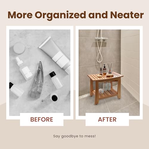 Teak Shower Bench Stool, 21'' Waterproof Wood Spa Bath Bench with Storage Shelf, Non-Slip Solid Teak Shower Seat Chair for Bathroom Inside Shower and Outdoor Use - size: 21''W x 13''D x 17''H