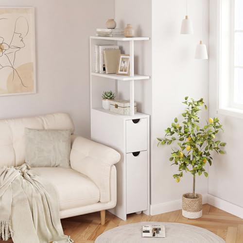 Tangkula Slim Bathroom Storage Cabinet, Small Corner Floor Cabinet with Open Shelves, Slide-Out Drawers, Bathroom Organizer, Narrow Toilet Paper Holder for Restroom, Living Room, Small Spaces, White
