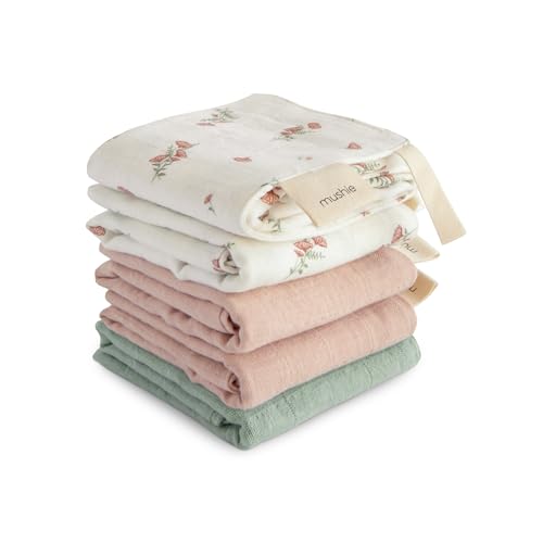 mushie Muslin Organic Cotton Washcloths 5-Pack (Pink Flowers Combo) | Soft Wipes for Baby Cleanups and Bathing - color: Pink Flowers Combo