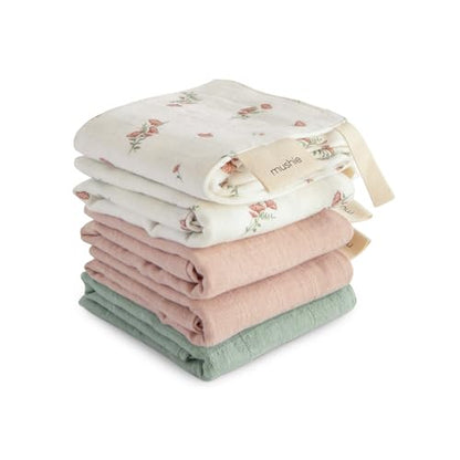 mushie Muslin Organic Cotton Washcloths 5-Pack (Pink Flowers Combo) | Soft Wipes for Baby Cleanups and Bathing - color: Pink Flowers Combo