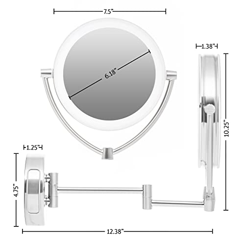 Ovente 7.5" Lighted Wall Mount Makeup Mirror, 1X & 10X Magnifier, Spinning Double Sided Round LED w/ Dimmer Switch, Extend, Retractable & Folding Arm, Battery USB Powered Nickel Brushed MLW75BR1X10X - color: Nickel Brushed, size: 10.3"L x 12.4"W, style: 1