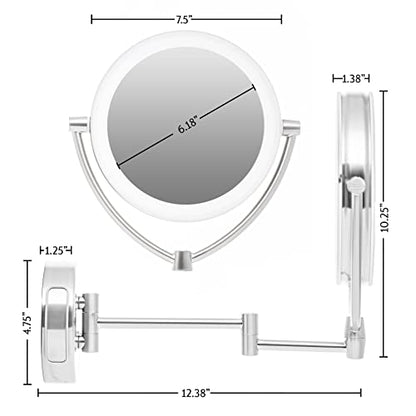 Ovente 7.5" Lighted Wall Mount Makeup Mirror, 1X & 10X Magnifier, Spinning Double Sided Round LED w/ Dimmer Switch, Extend, Retractable & Folding Arm, Battery USB Powered Nickel Brushed MLW75BR1X10X - color: Nickel Brushed, size: 10.3"L x 12.4"W, style: 1